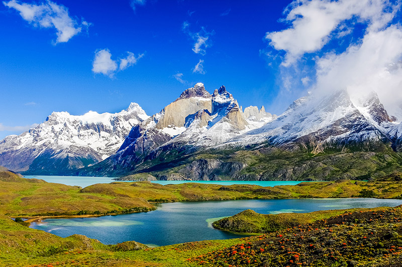 A dramatic fjord landscape with glaciers in Patagonia, South America.